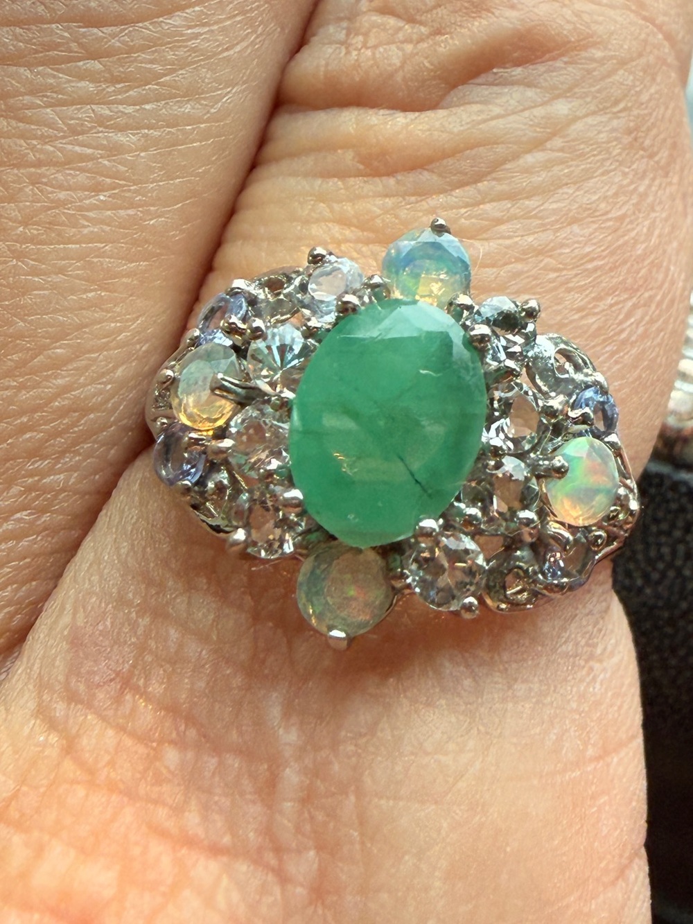 Natural Green Emerald & Fire Opal Ring - Brand sz9